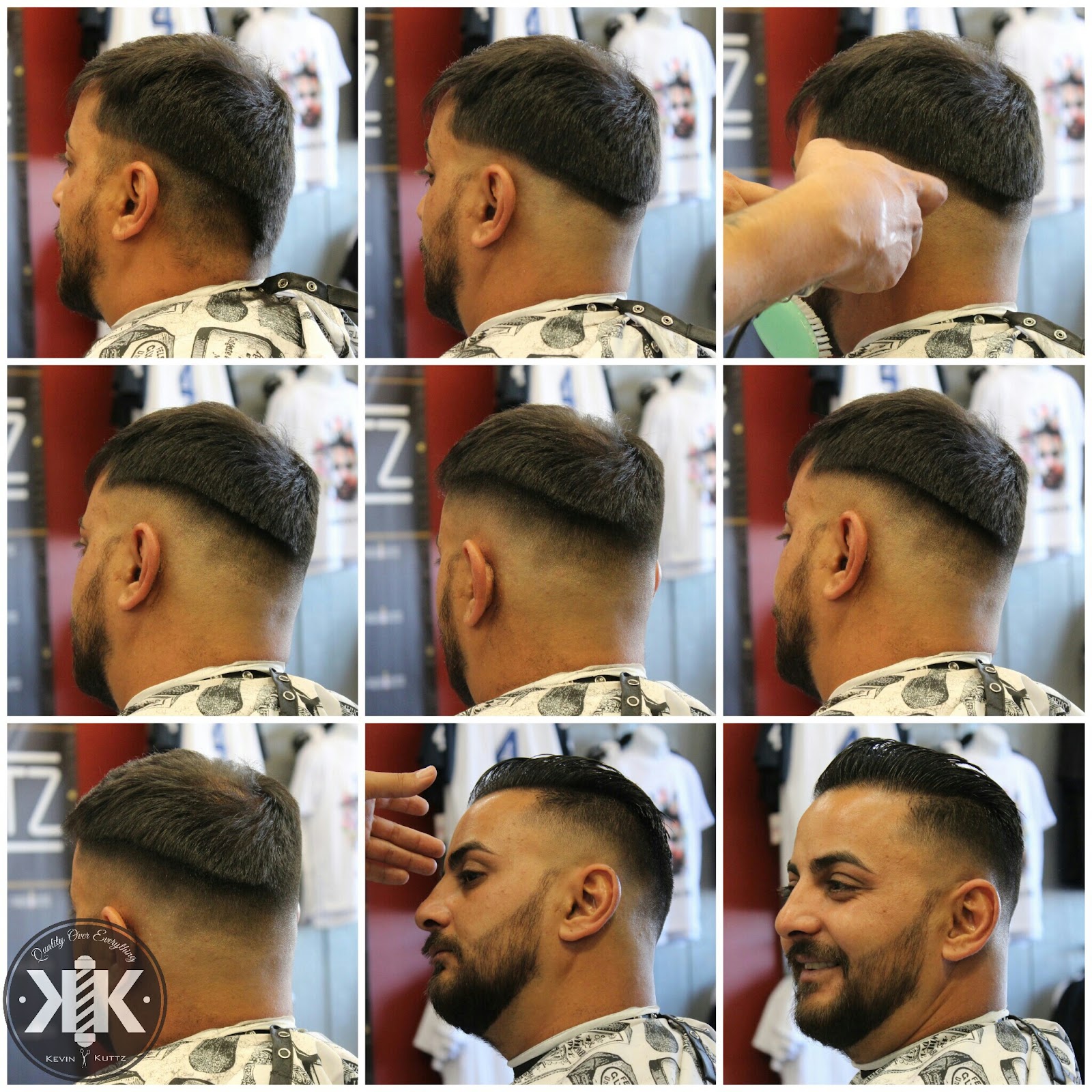 Nine angles of one cut: mid fade, textured top and a full beard trim