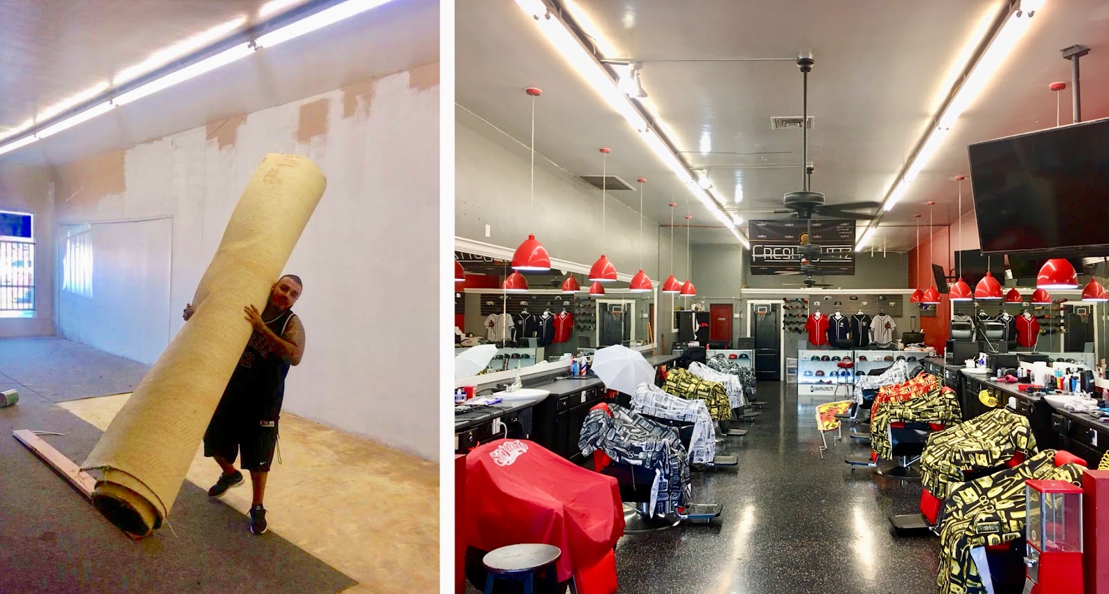 Side by side: the empty gutted room during our remodel, and the finished shop with red pendant lamps, black stations and capes on every chair